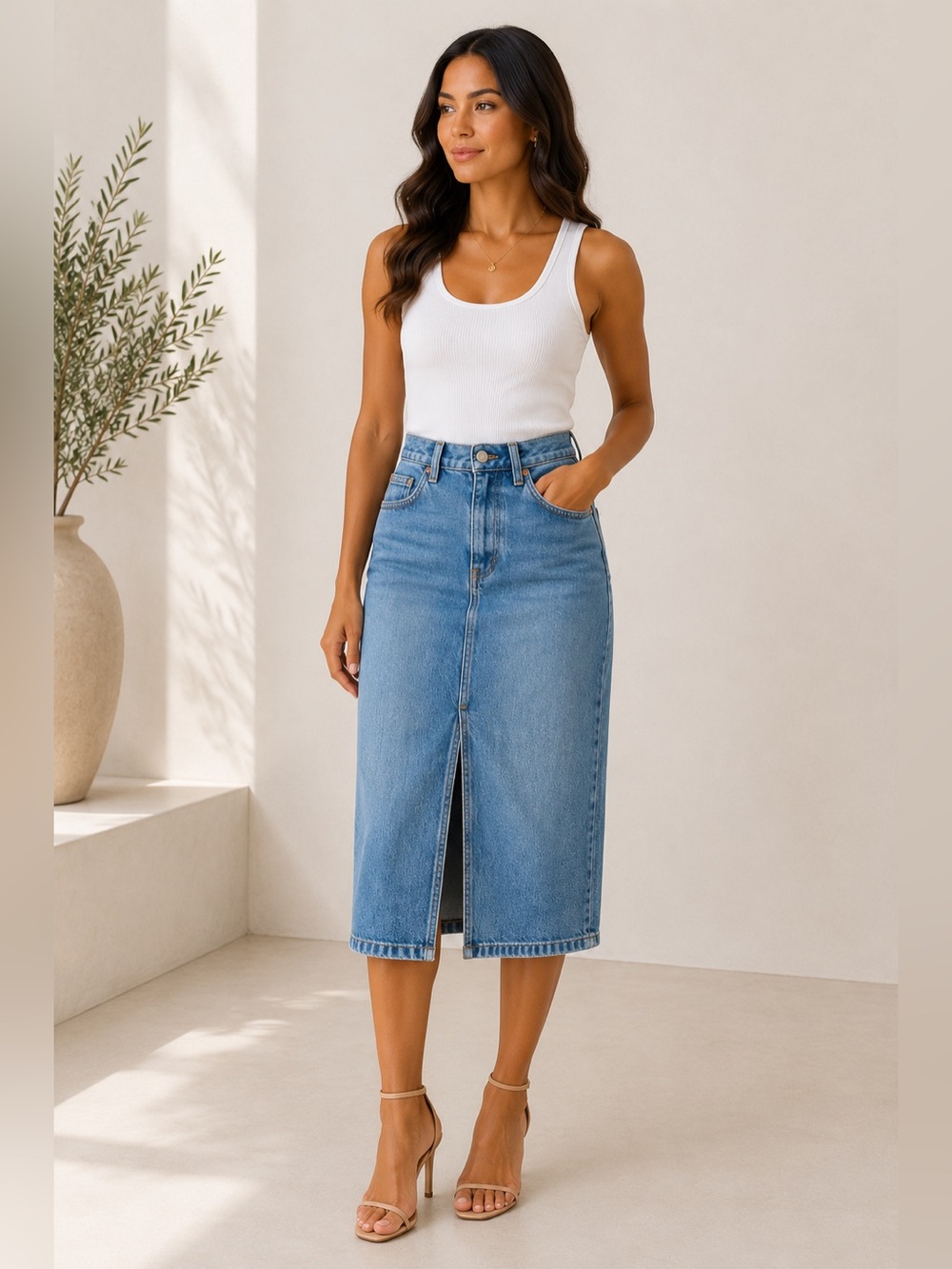 Aritzia Denim Forum The ’90s Halle Skirt Light Wash  Midi Front Slit Size 24